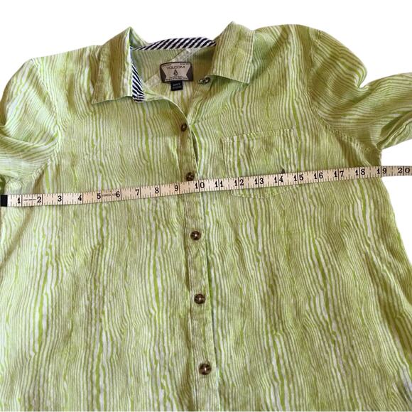 Vintage Y2k Volcom Lime Green Cream Long Sleeve Shirt Top Stitch Accents - Picture 10 of 16